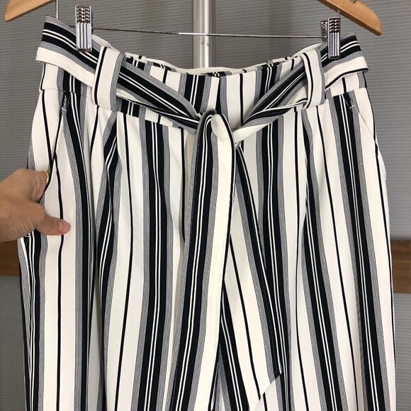 H&m‎ White Black Stripe High Waist Tie Front Wide Leg Pants Sz 10 - Picture 3 of 12
